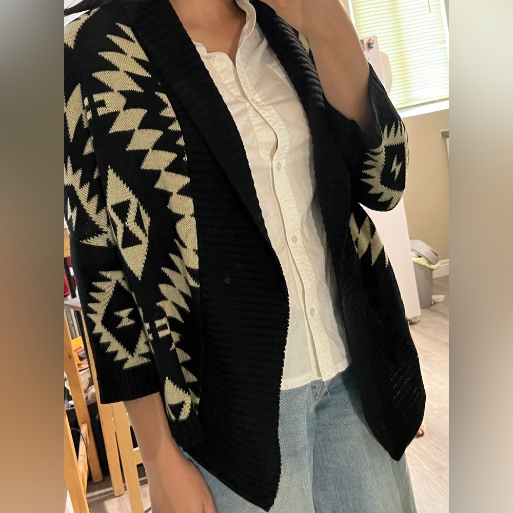 Black and Cream Patterned Wrapped Cardigan